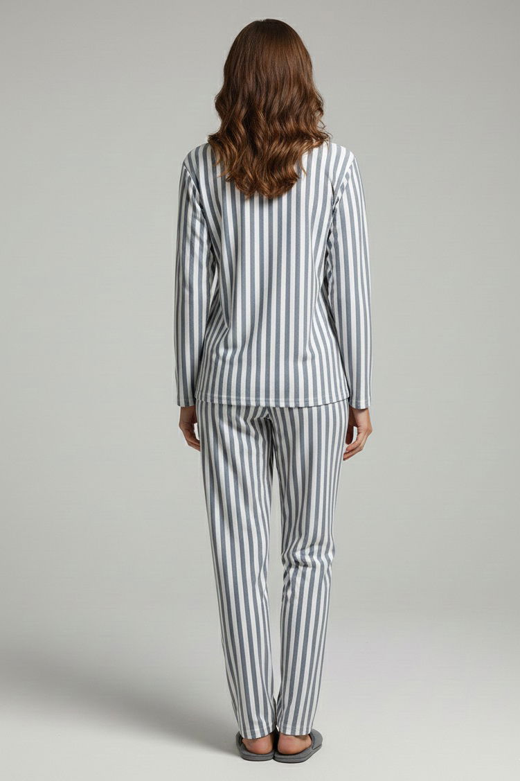 Çizgili Süet Pijama Takımı - 28057-GRI - 2
