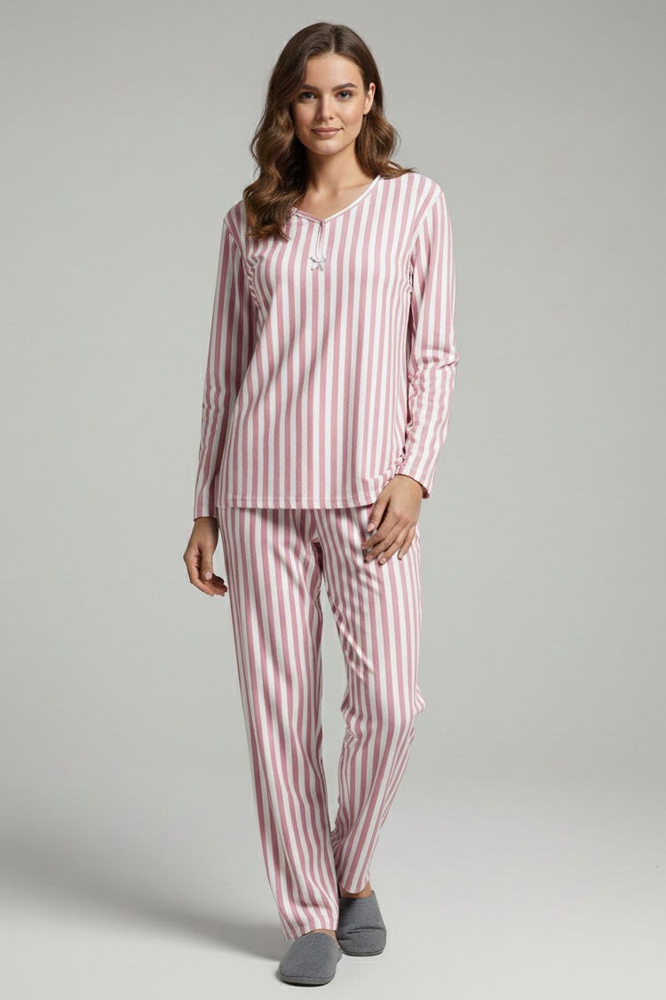 Çizgili Süet Pijama Takımı - 28057-PEMBE - 1