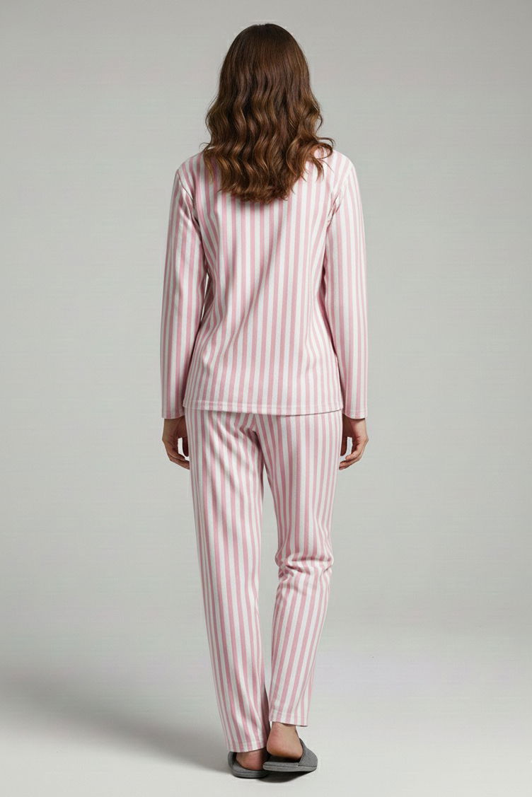 Çizgili Süet Pijama Takımı - 28057-PEMBE - 2