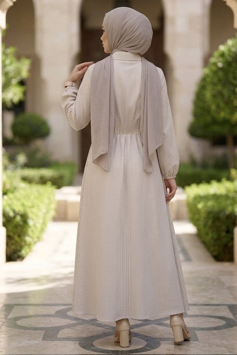 Çizgili Tokalı Elbise - 28392-BEJ - 3