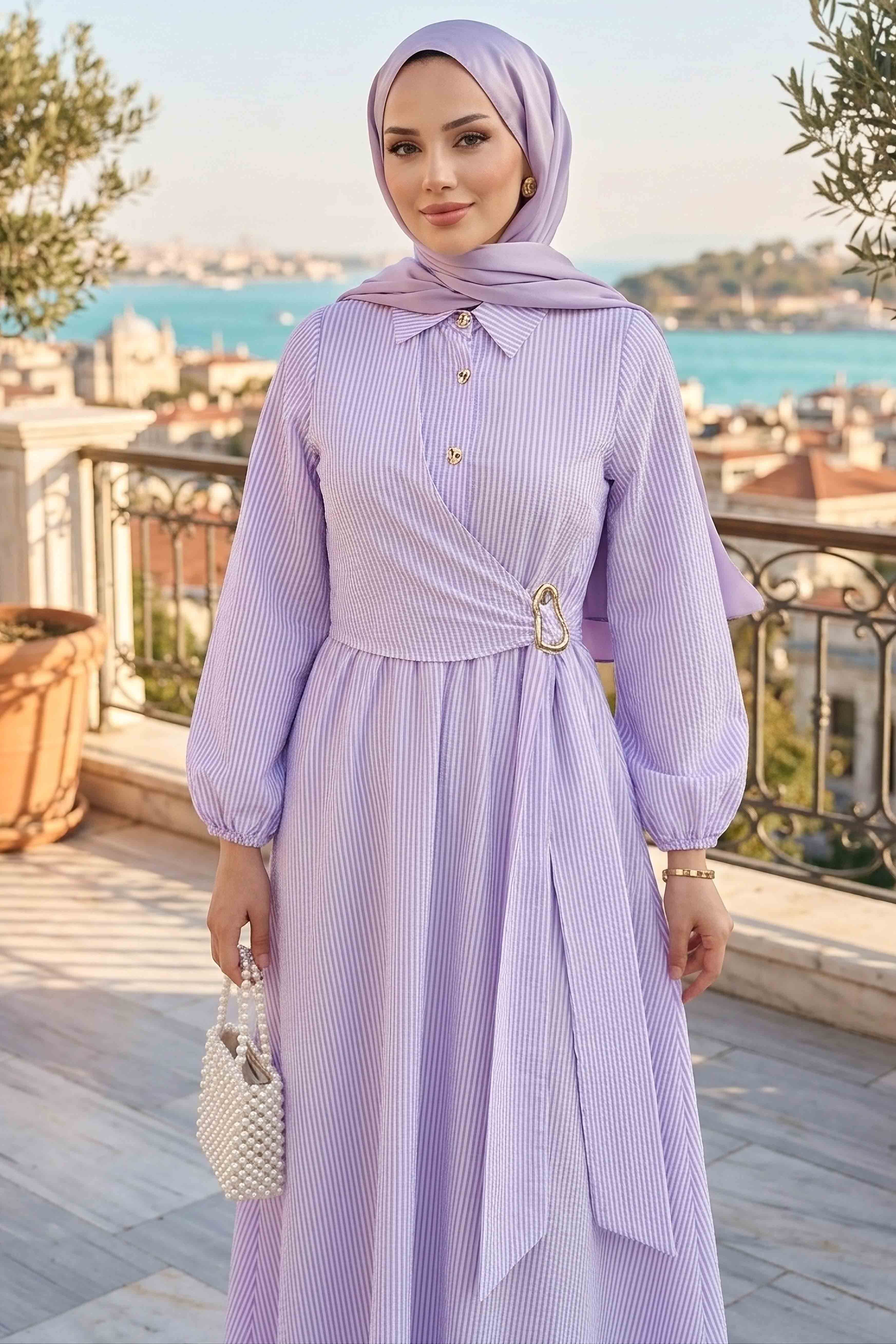 Çizgili Tokalı Elbise - 28392-LILA - 1