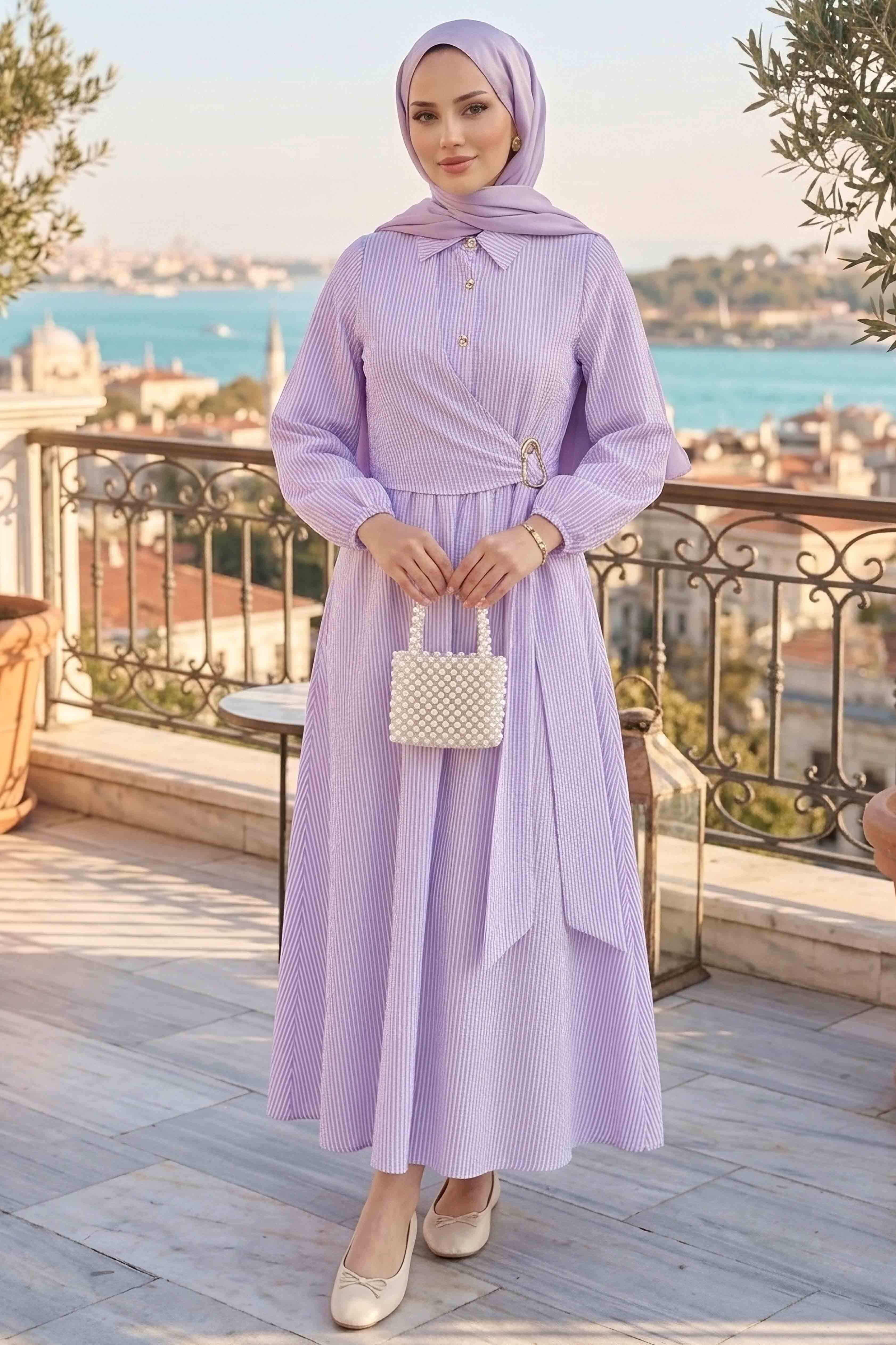 Çizgili Tokalı Elbise - 28392-LILA - 2