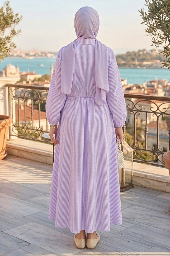 Çizgili Tokalı Elbise - 28392-LILA - 3