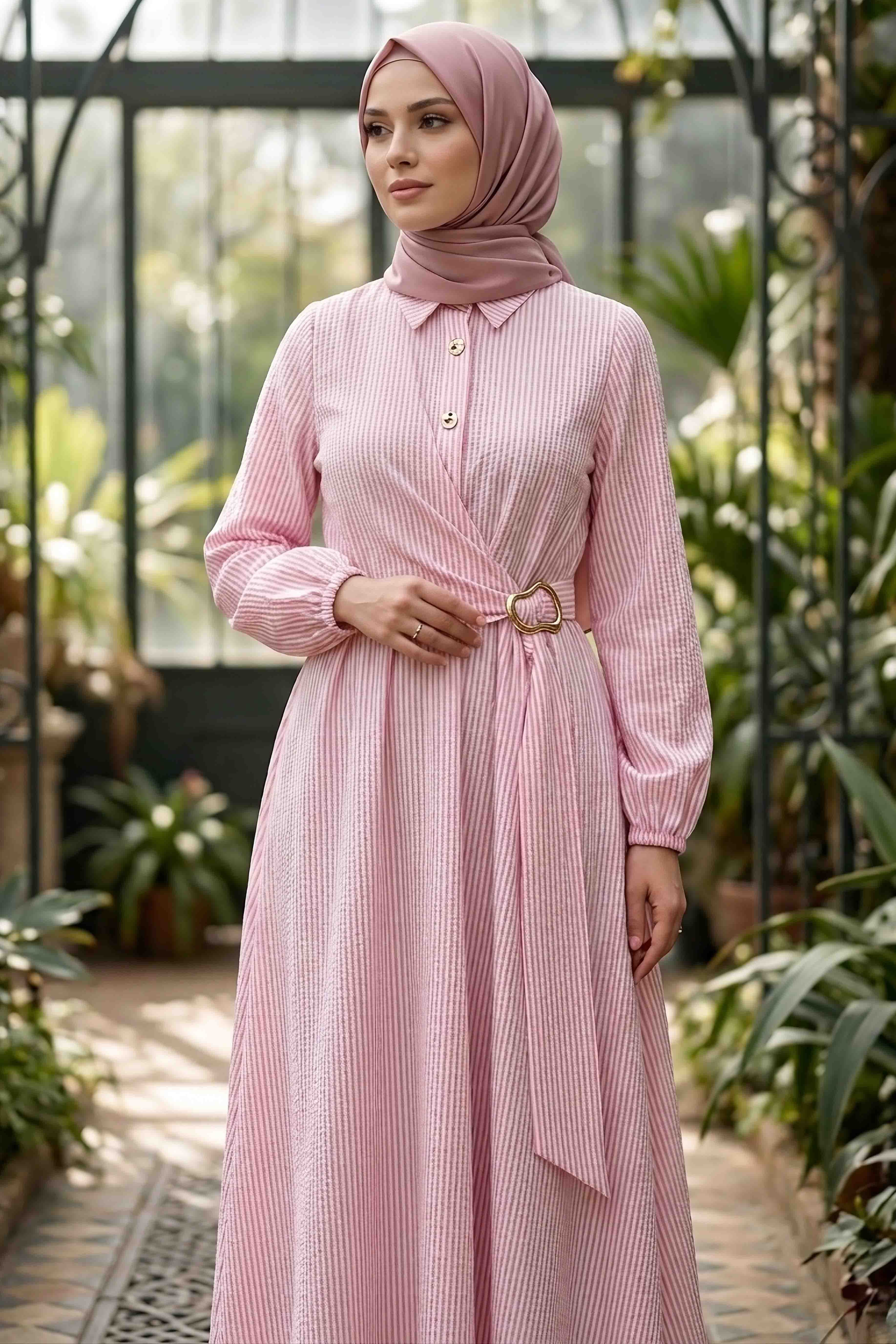 Çizgili Tokalı Elbise - 28392-PEMBE - 1