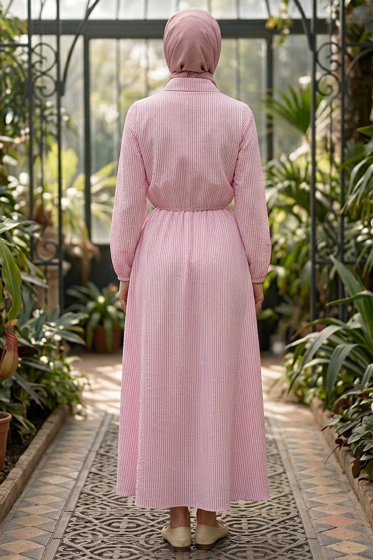 Çizgili Tokalı Elbise - 28392-PEMBE - 3