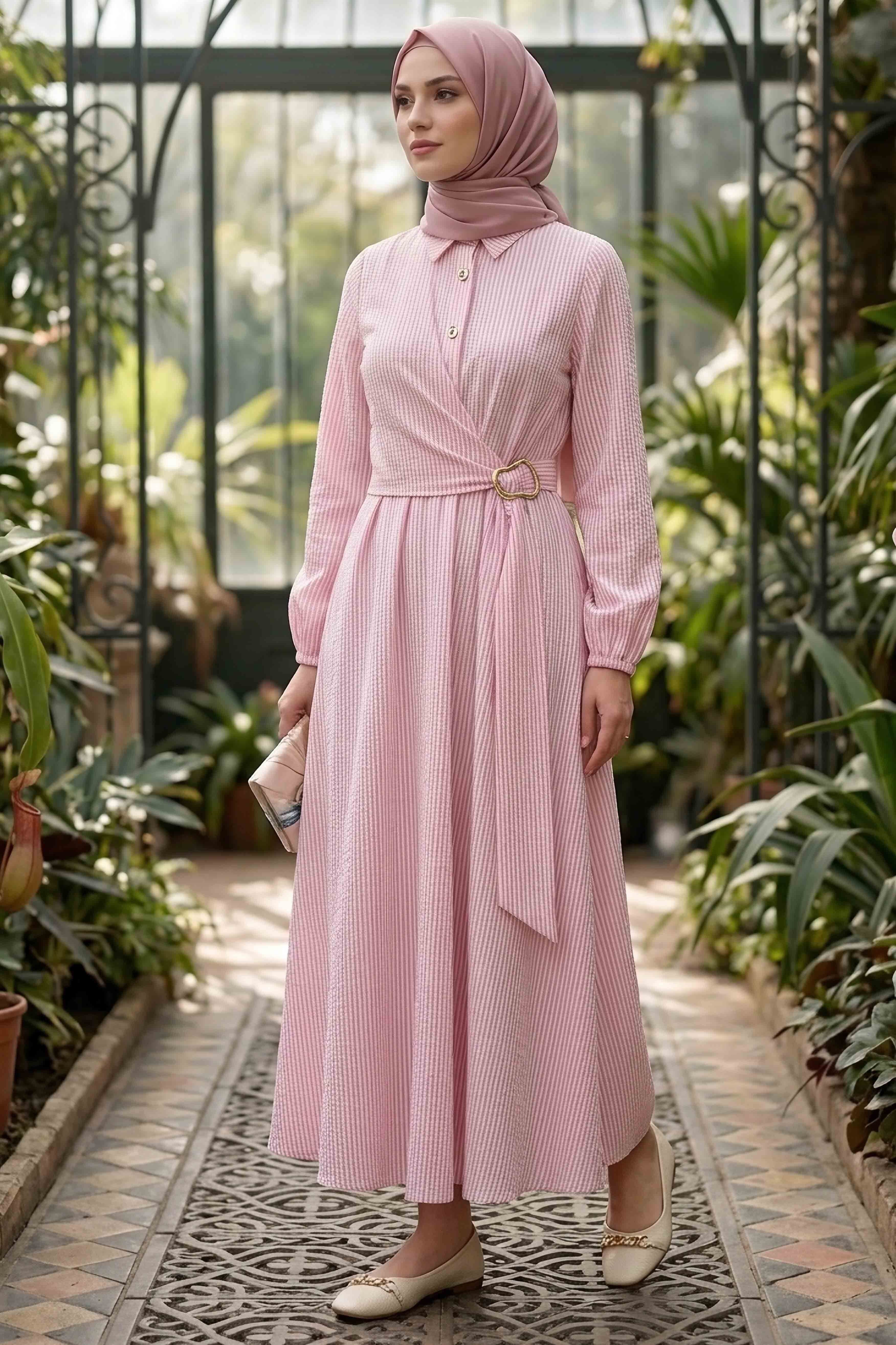 Çizgili Tokalı Elbise - 28392-PEMBE - 2