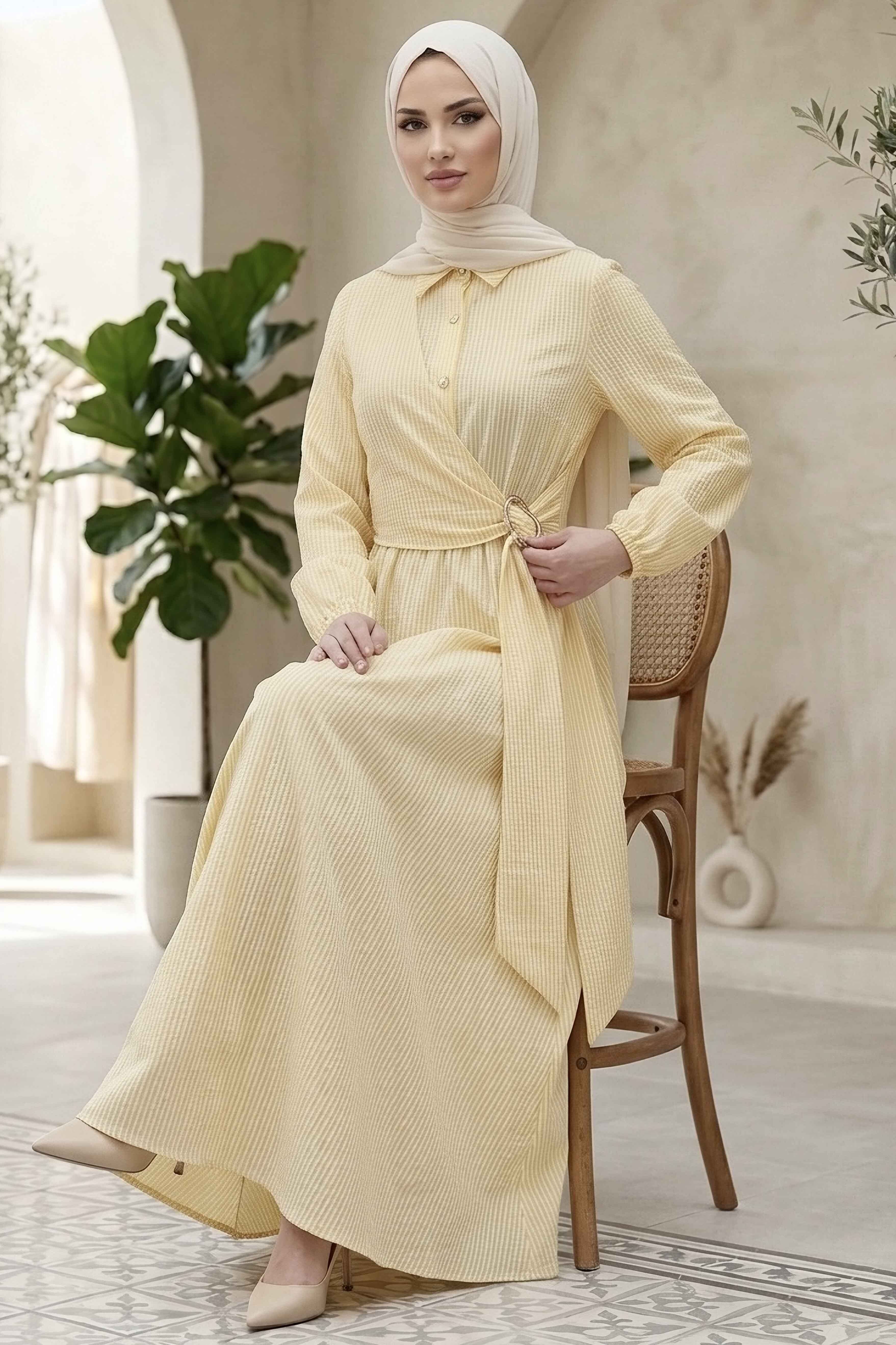 Çizgili Tokalı Elbise - 28392-SARI - 1