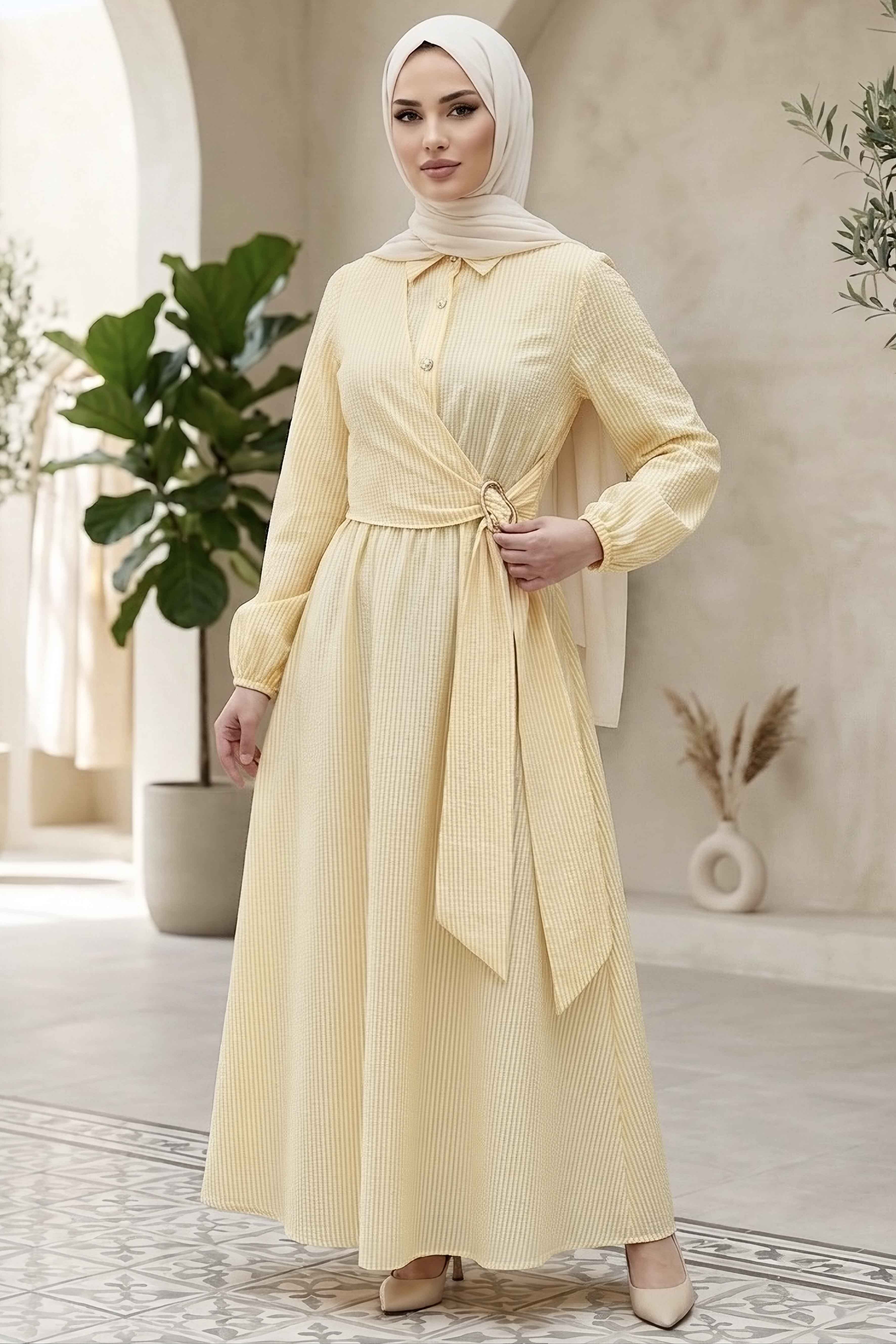 Çizgili Tokalı Elbise - 28392-SARI - 2