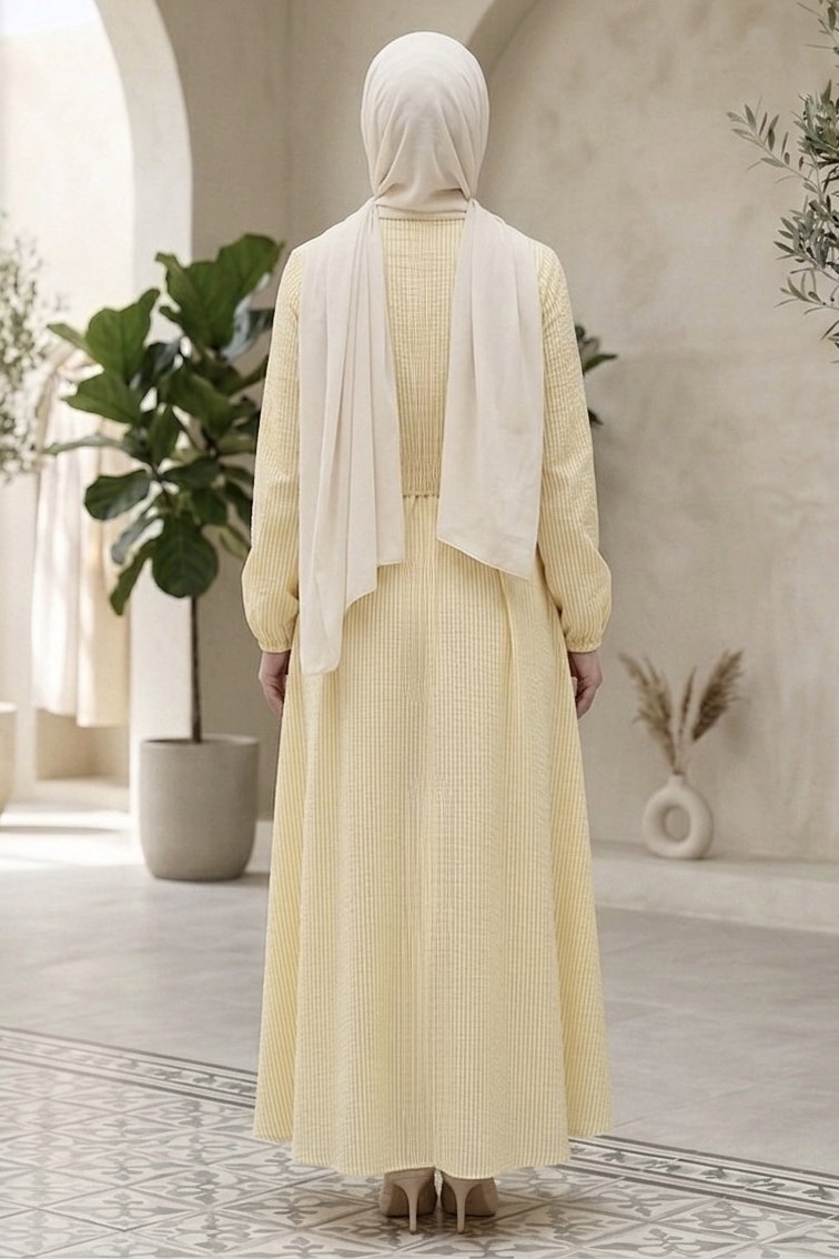 Çizgili Tokalı Elbise - 28392-SARI - 3