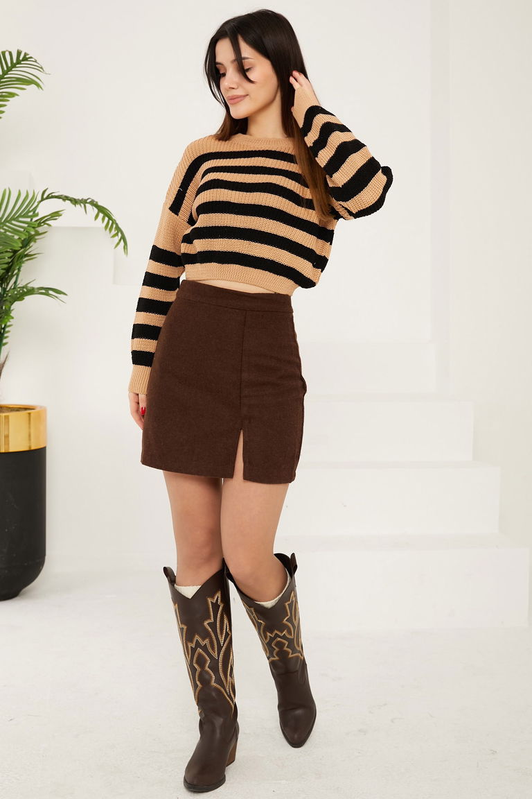 Çizgili Triko Crop - 27649 - TOFİSA