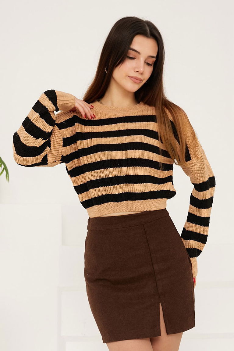 Çizgili Triko Crop - 27649 - TOFİSA