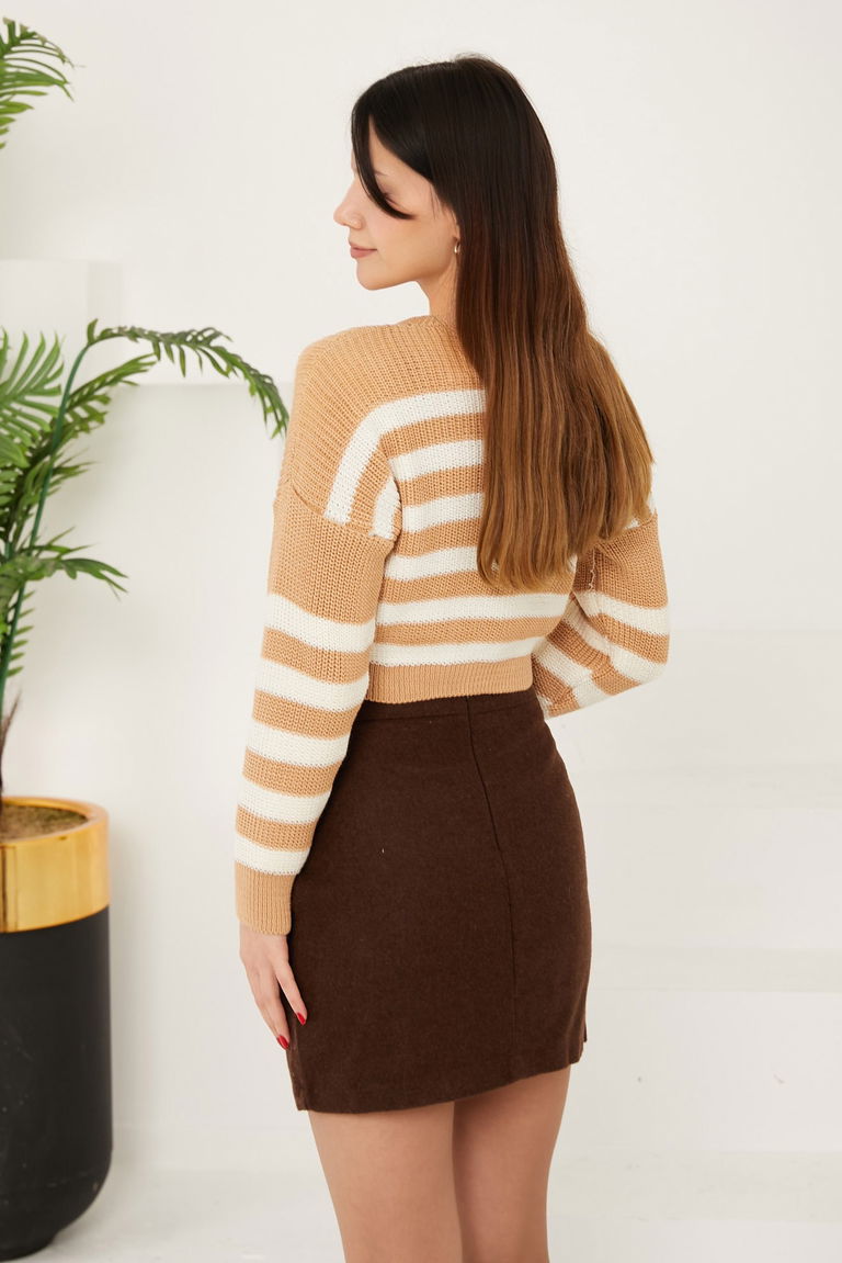 Çizgili Triko Crop - 27649 - TOFİSA