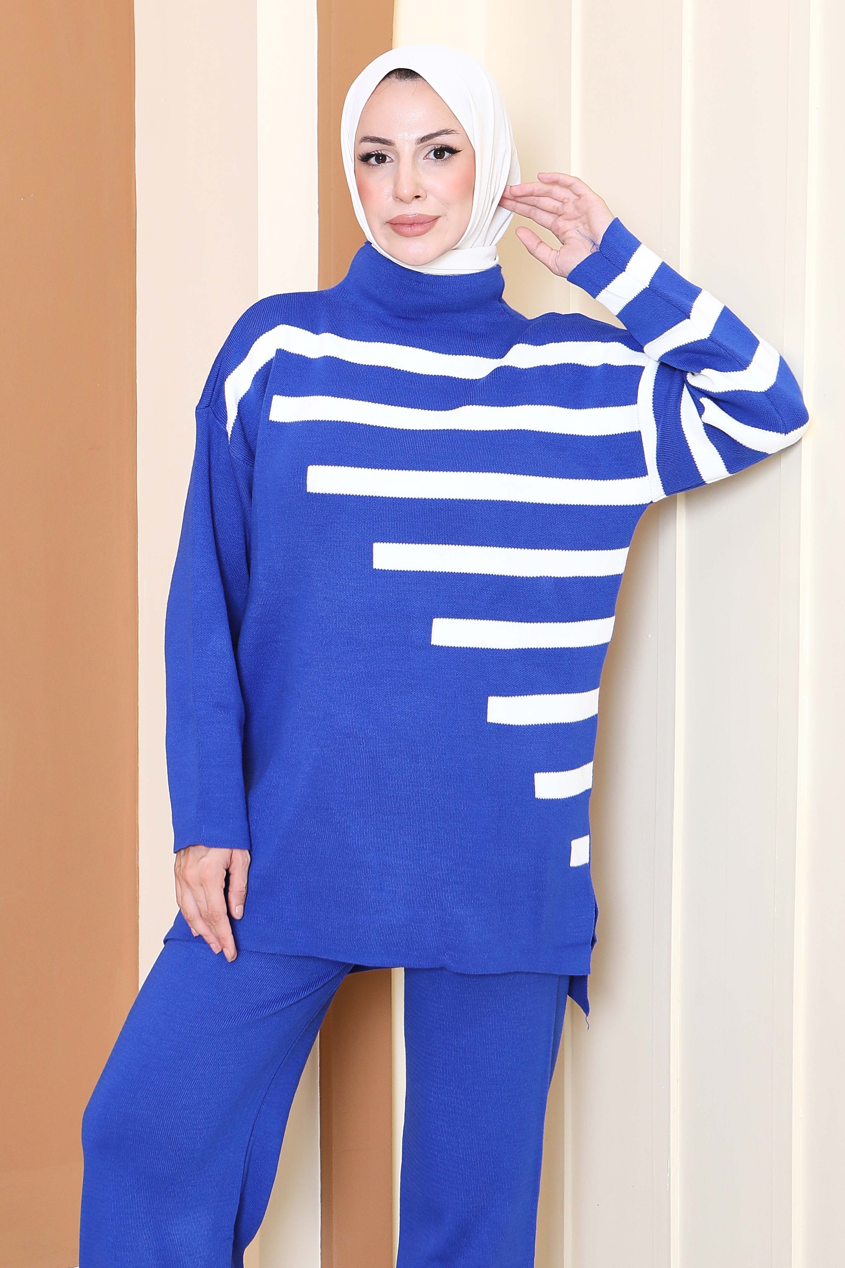 Çizgili Triko İkili Takım - 27804-SAKS - 1
