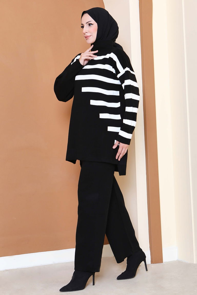 Çizgili Triko İkili Takım - 27804-SIYAH - TOFİSA