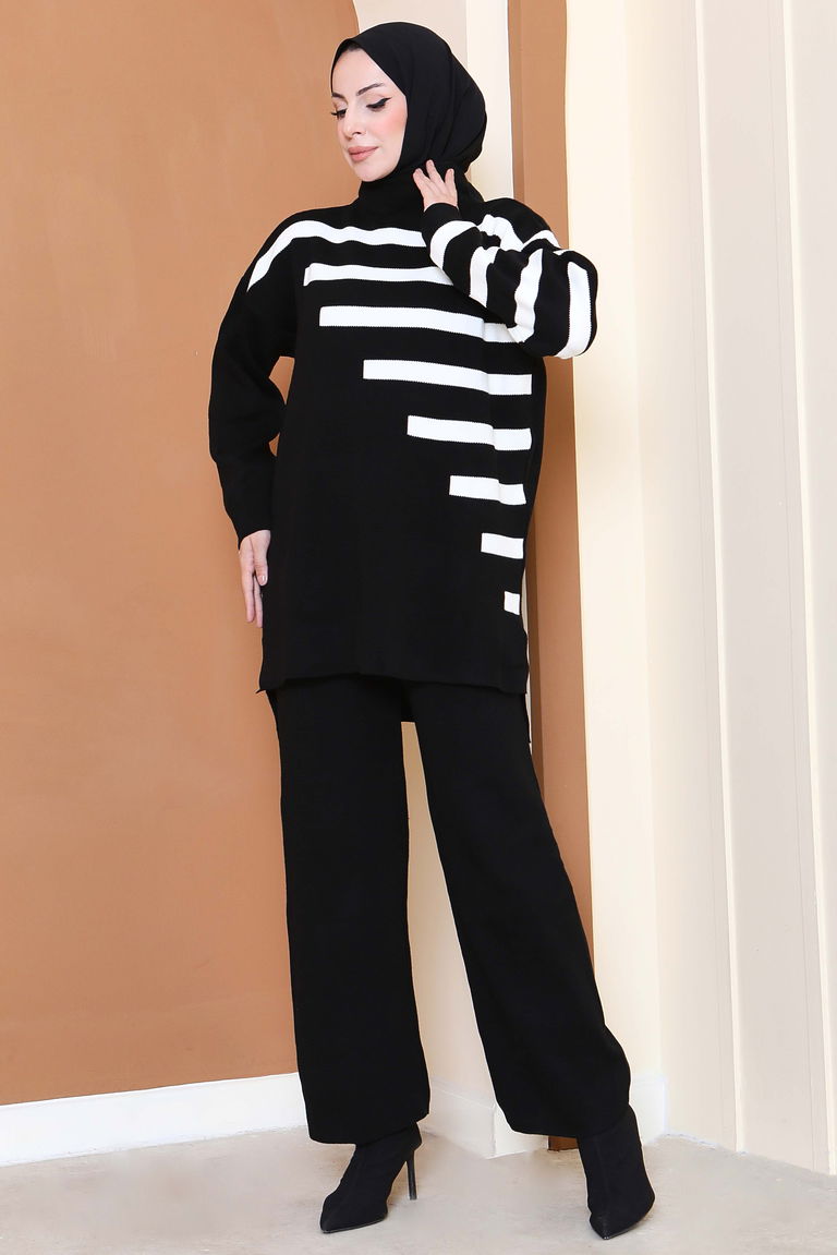 Çizgili Triko İkili Takım - 27804-SIYAH - TOFİSA