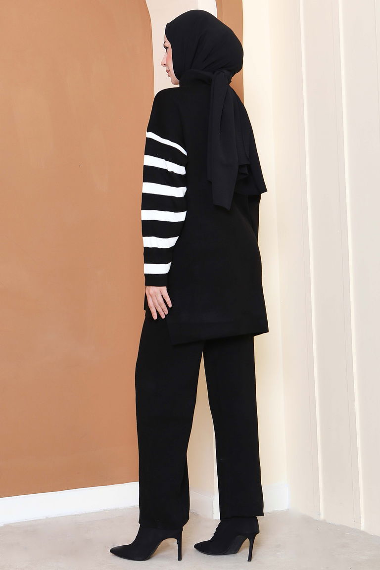Çizgili Triko İkili Takım - 27804-SIYAH - TOFİSA