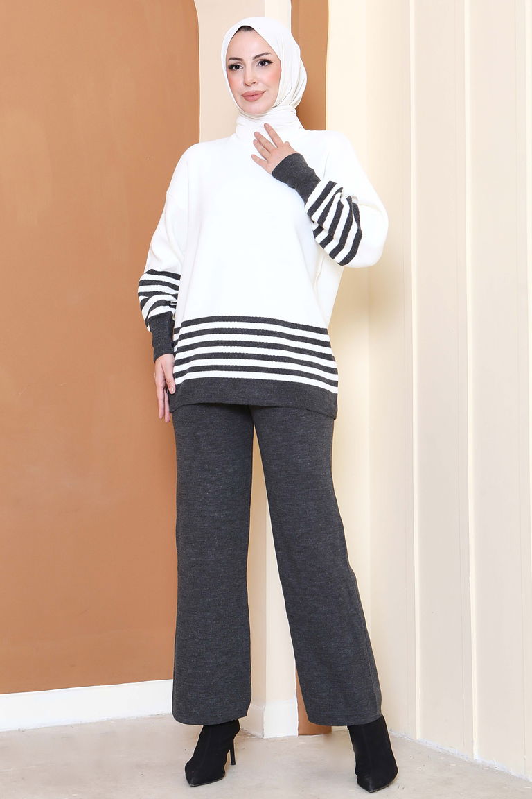 Çizgili Triko İkili Takım - 27806-ANTRASIT - TOFİSA