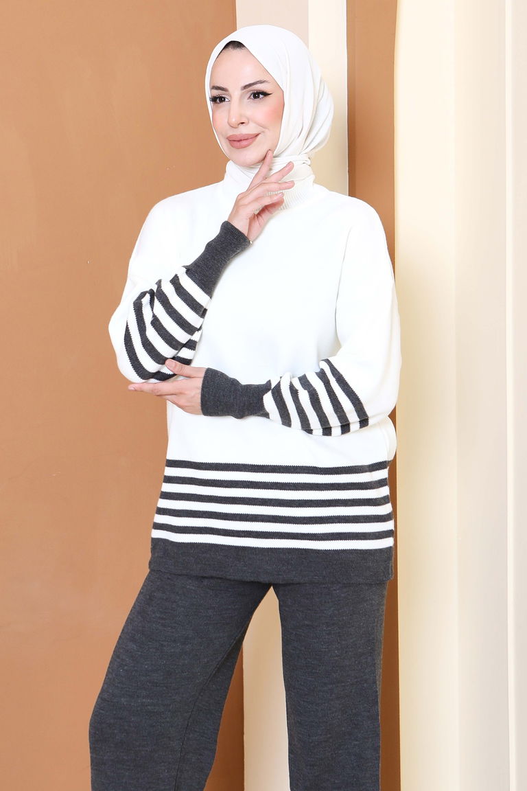 Çizgili Triko İkili Takım - 27806-ANTRASIT - TOFİSA