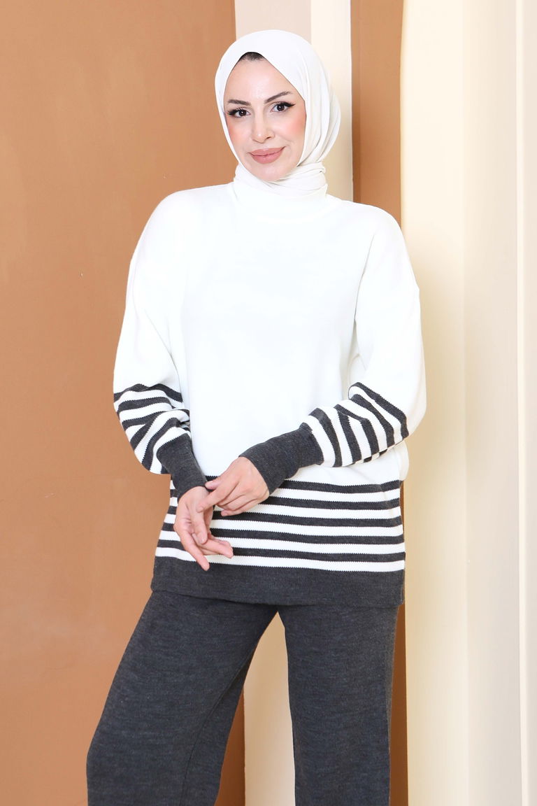 Çizgili Triko İkili Takım - 27806-ANTRASIT - TOFİSA