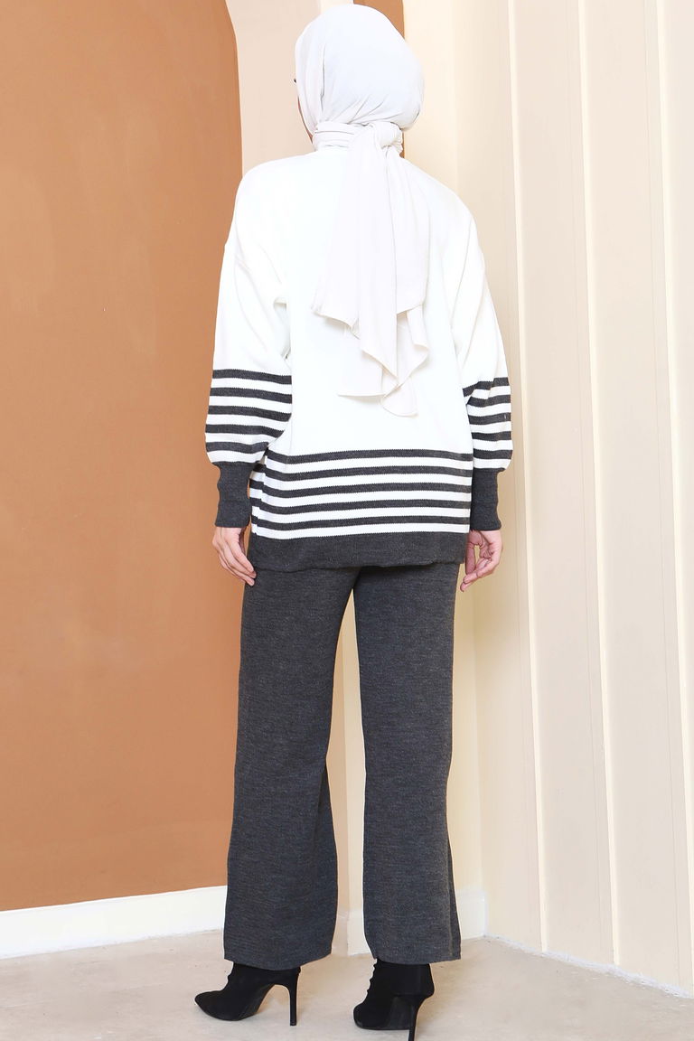 Çizgili Triko İkili Takım - 27806-ANTRASIT - TOFİSA