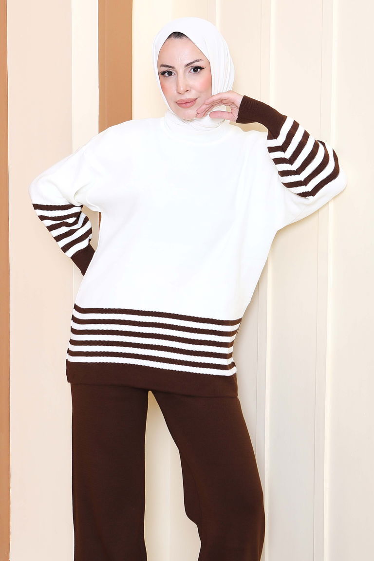 Çizgili Triko İkili Takım - 27806-KAHVE - TOFİSA