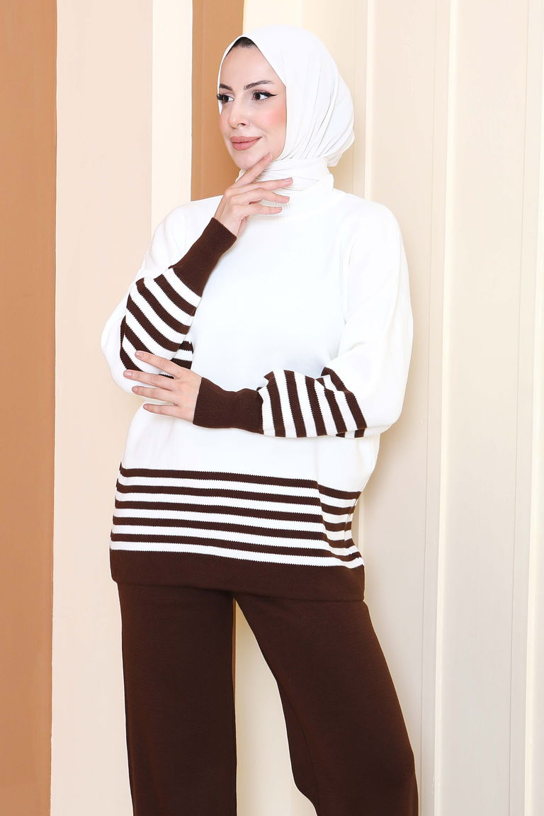 Çizgili Triko İkili Takım - 27806-KAHVE - TOFİSA