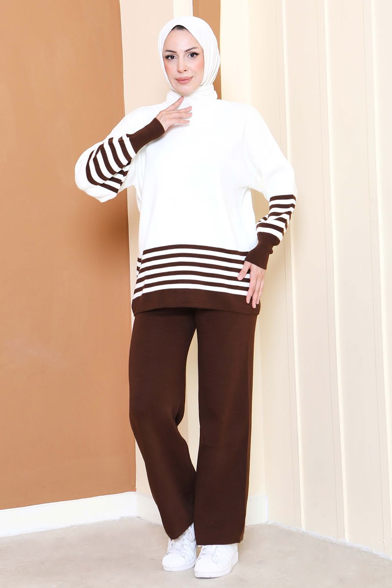 Çizgili Triko İkili Takım - 27806-KAHVE - TOFİSA