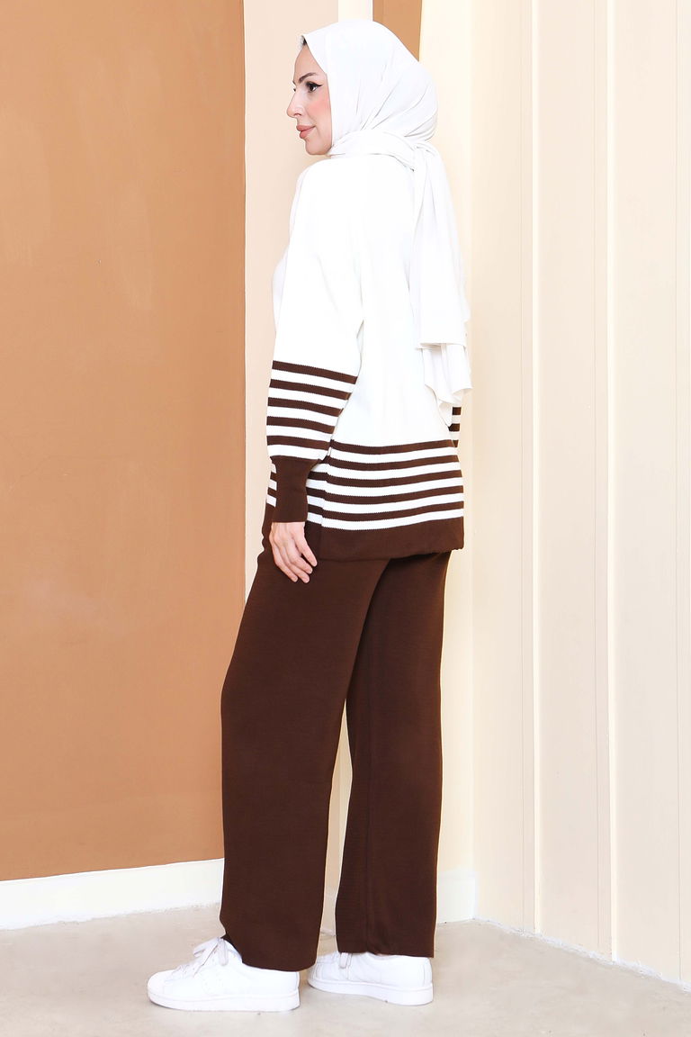 Çizgili Triko İkili Takım - 27806-KAHVE - TOFİSA