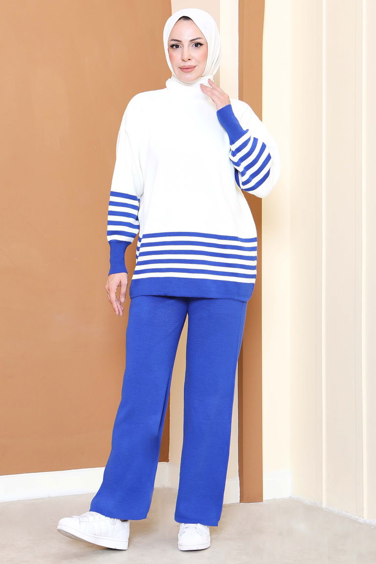 Çizgili Triko İkili Takım - 27806-SAKS - TOFİSA