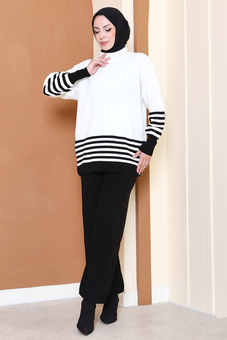 Çizgili Triko İkili Takım - 27806-SIYAH - TOFİSA
