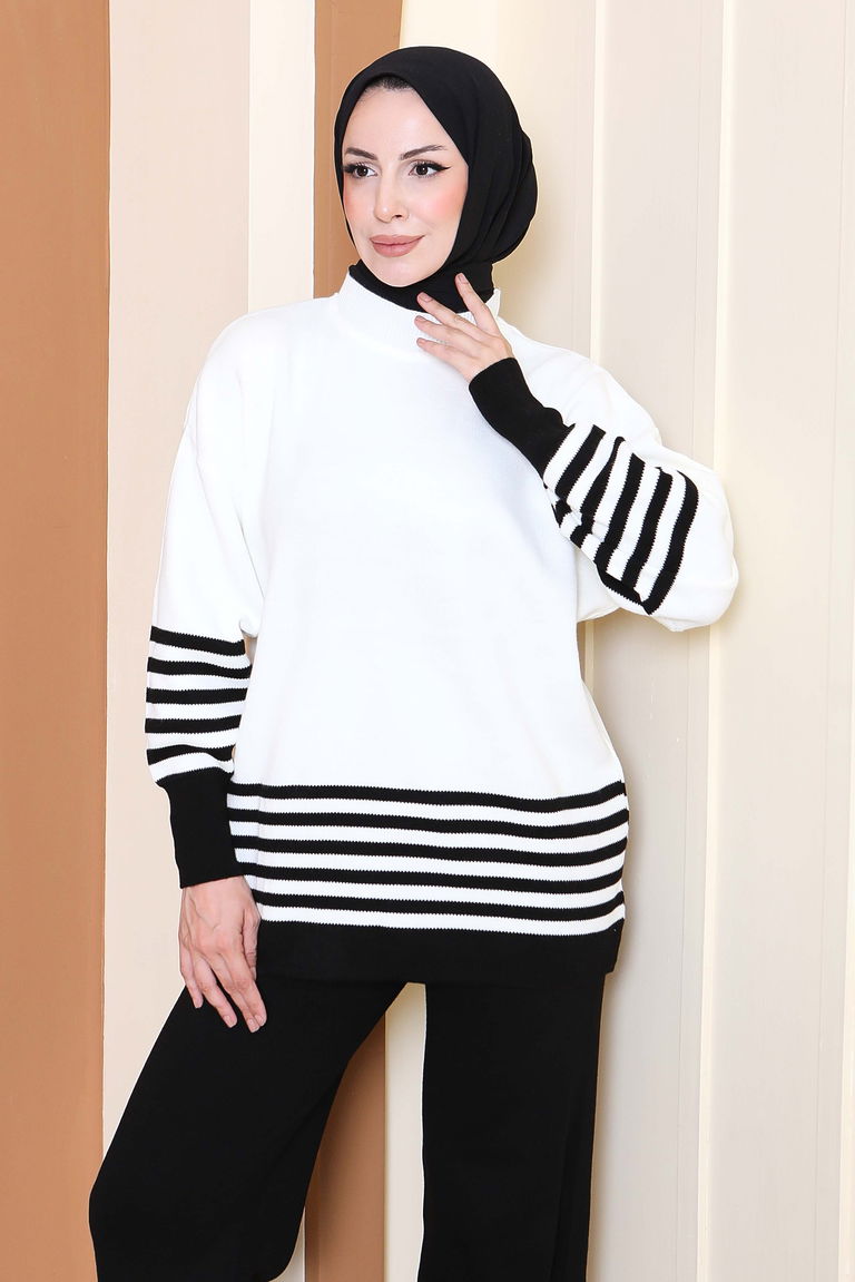 Çizgili Triko İkili Takım - 27806-SIYAH - TOFİSA