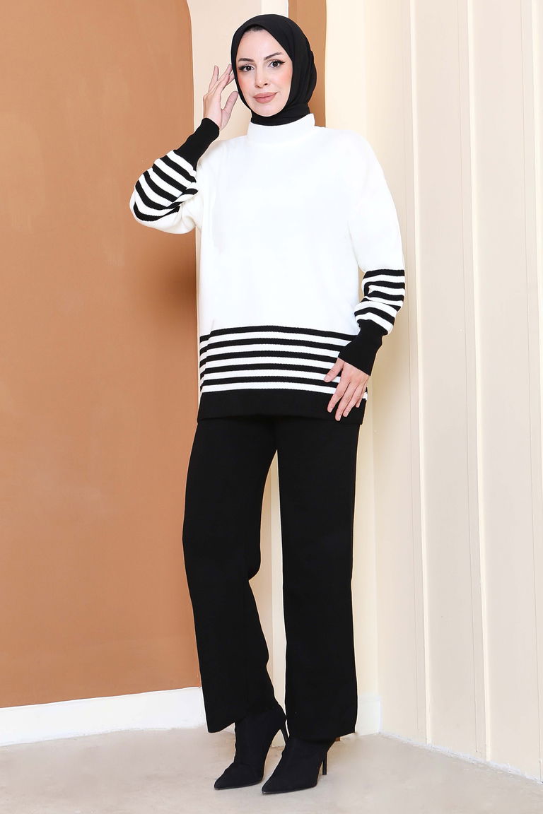 Çizgili Triko İkili Takım - 27806-SIYAH - TOFİSA