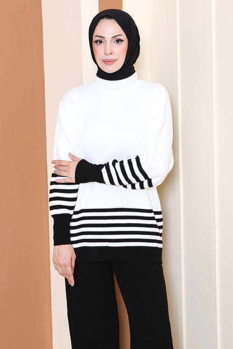 Çizgili Triko İkili Takım - 27806-SIYAH - TOFİSA