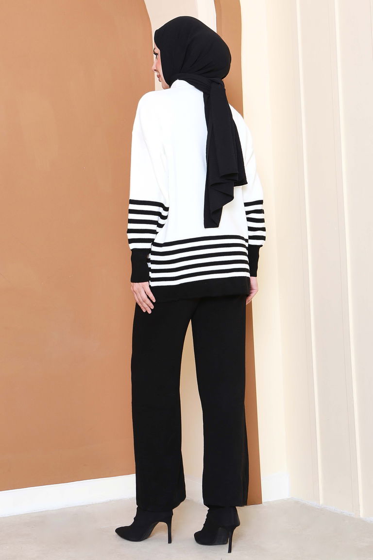 Çizgili Triko İkili Takım - 27806-SIYAH - TOFİSA