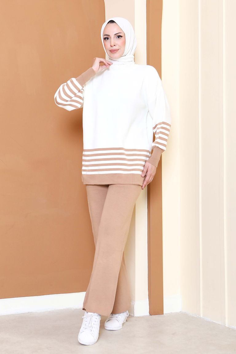 Çizgili Triko İkili Takım - 27806-VIZON - TOFİSA