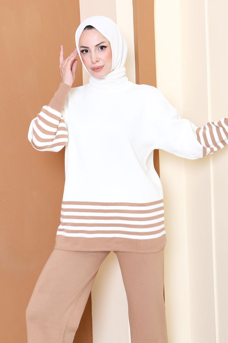 Çizgili Triko İkili Takım - 27806-VIZON - TOFİSA