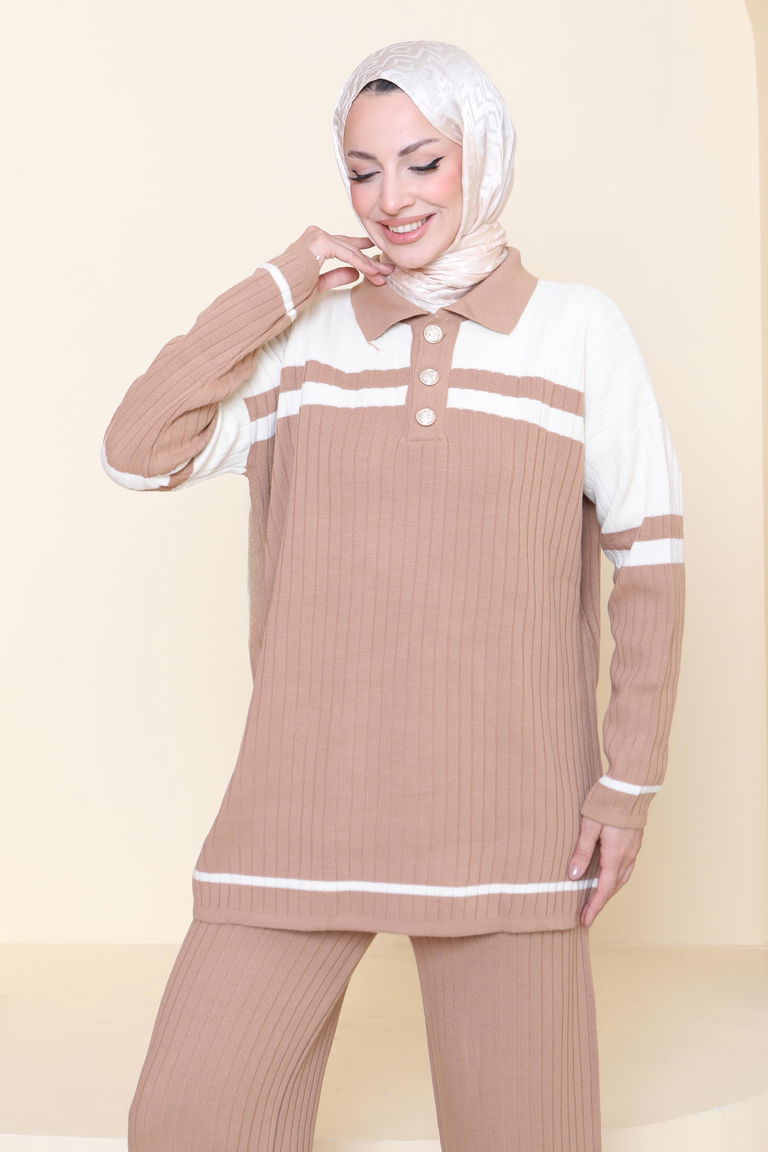 Çizgili Triko İkili Takım - 27902-VIZON - TOFİSA