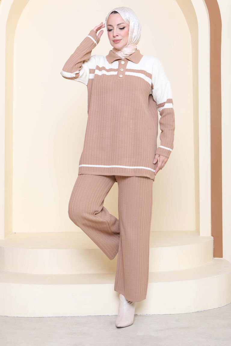 Çizgili Triko İkili Takım - 27902-VIZON - TOFİSA