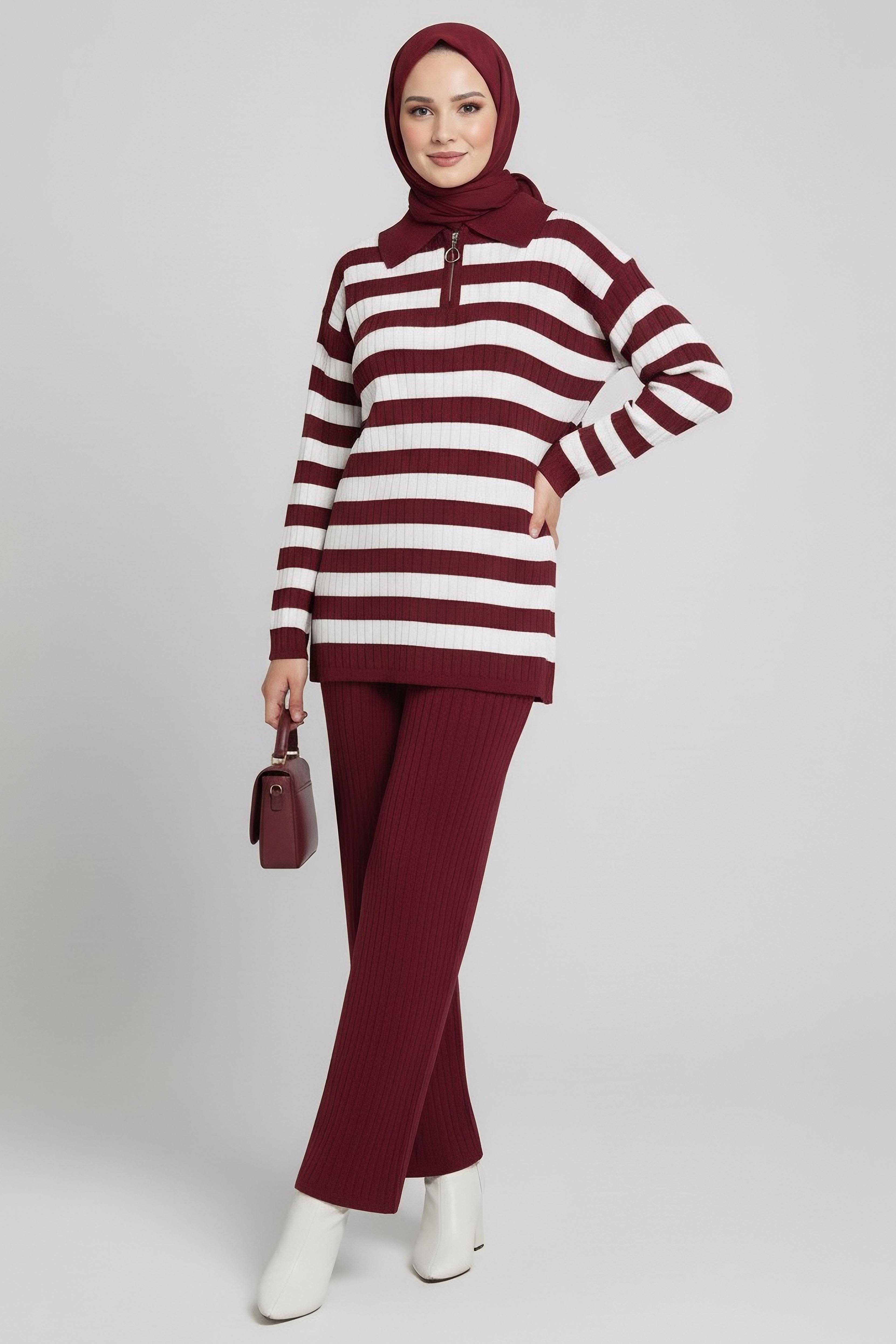 Çizgili Triko İkili Takım - 27999-BORDO - 1