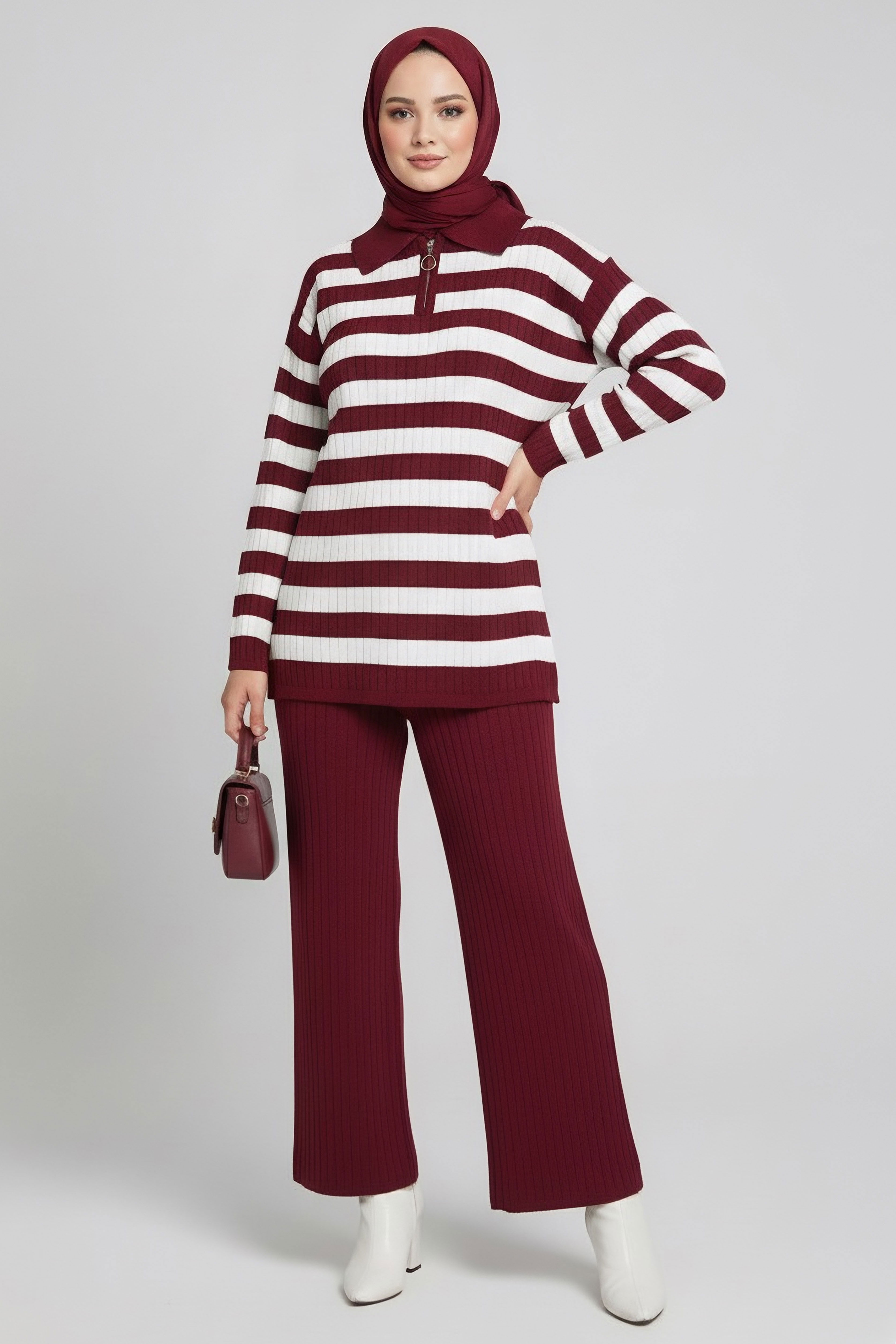 Çizgili Triko İkili Takım - 27999-BORDO - 2