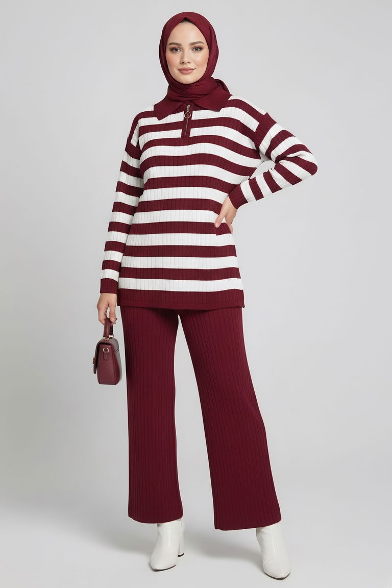 Çizgili Triko İkili Takım - 27999-BORDO - TOFİSA