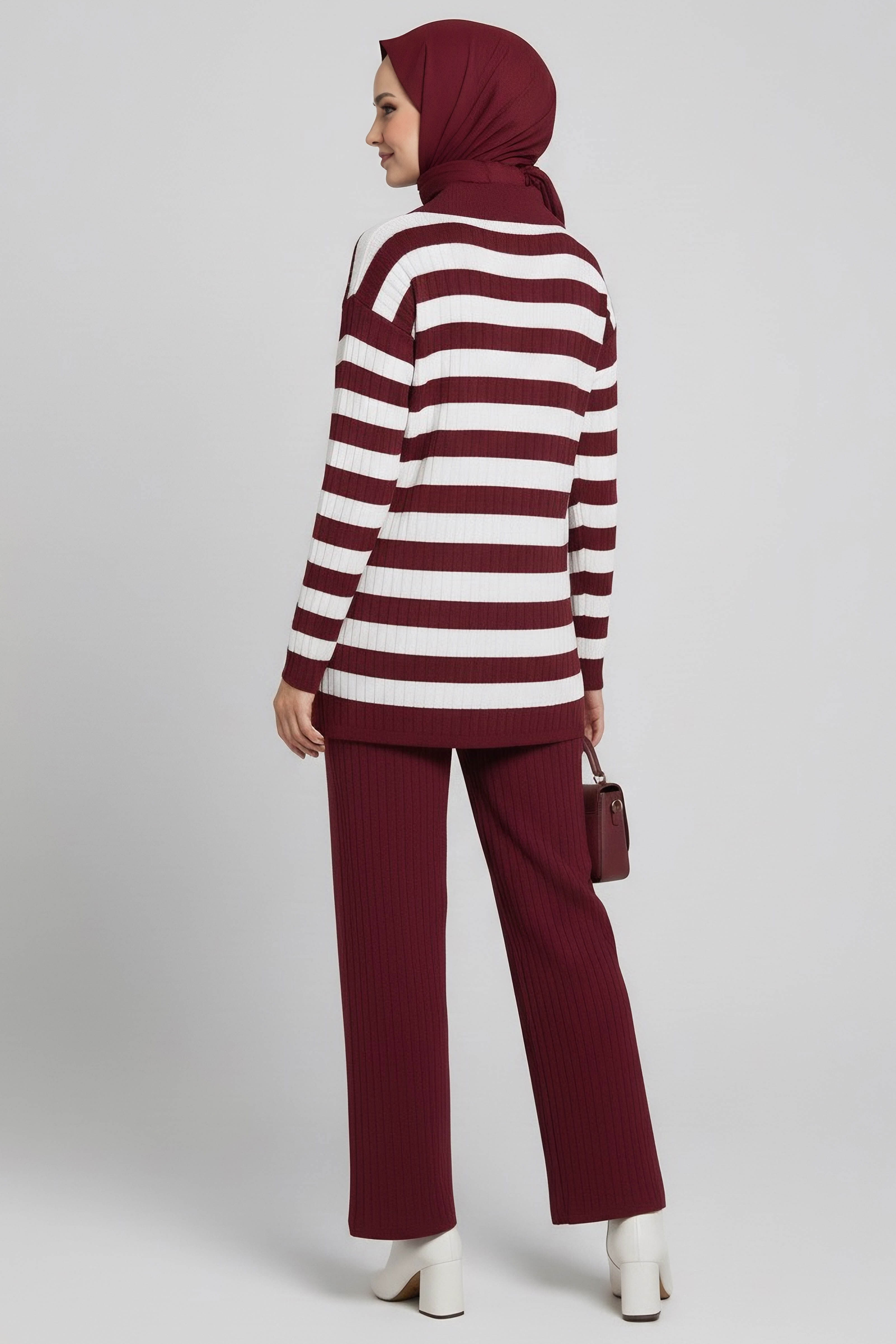 Çizgili Triko İkili Takım - 27999-BORDO - 3