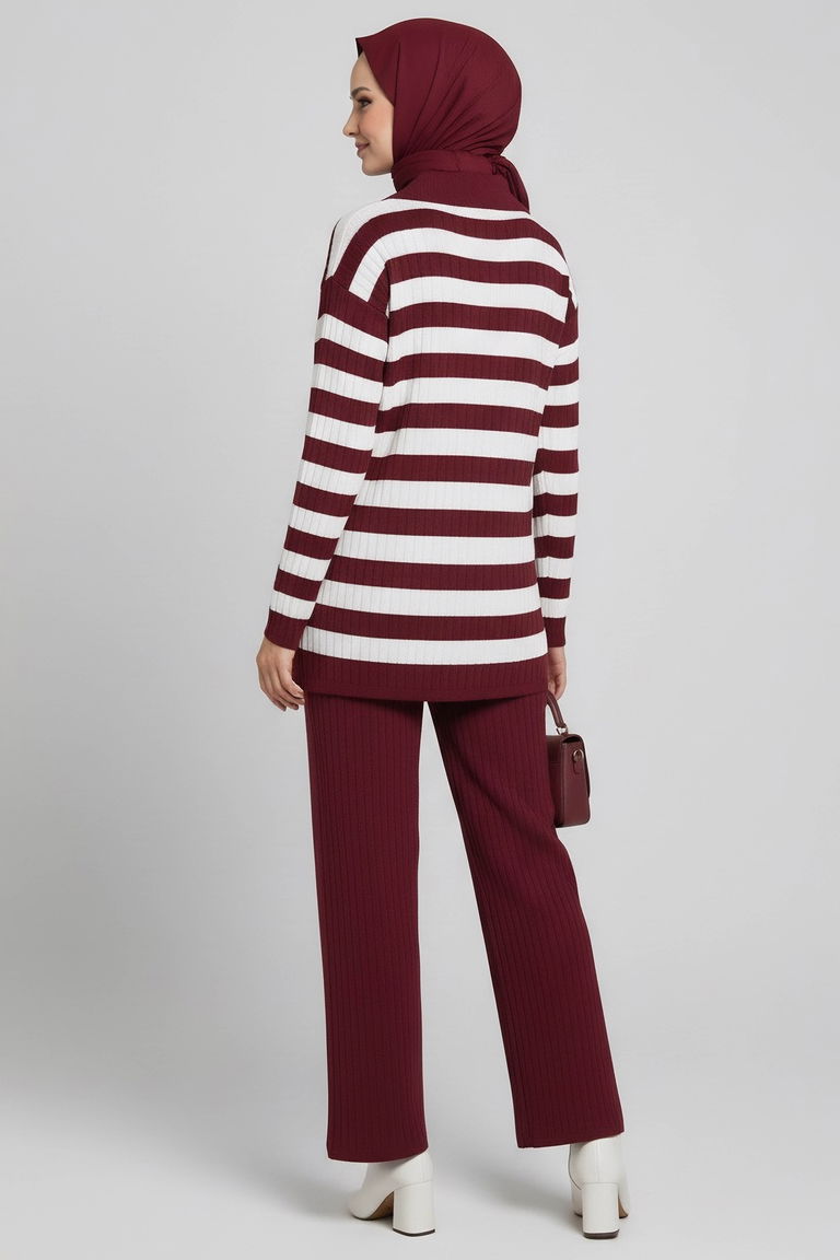 Çizgili Triko İkili Takım - 27999-BORDO - TOFİSA