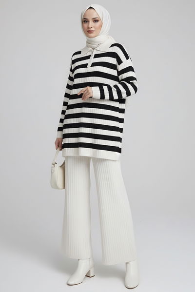 Çizgili Triko İkili Takım - 27999-EKRU 