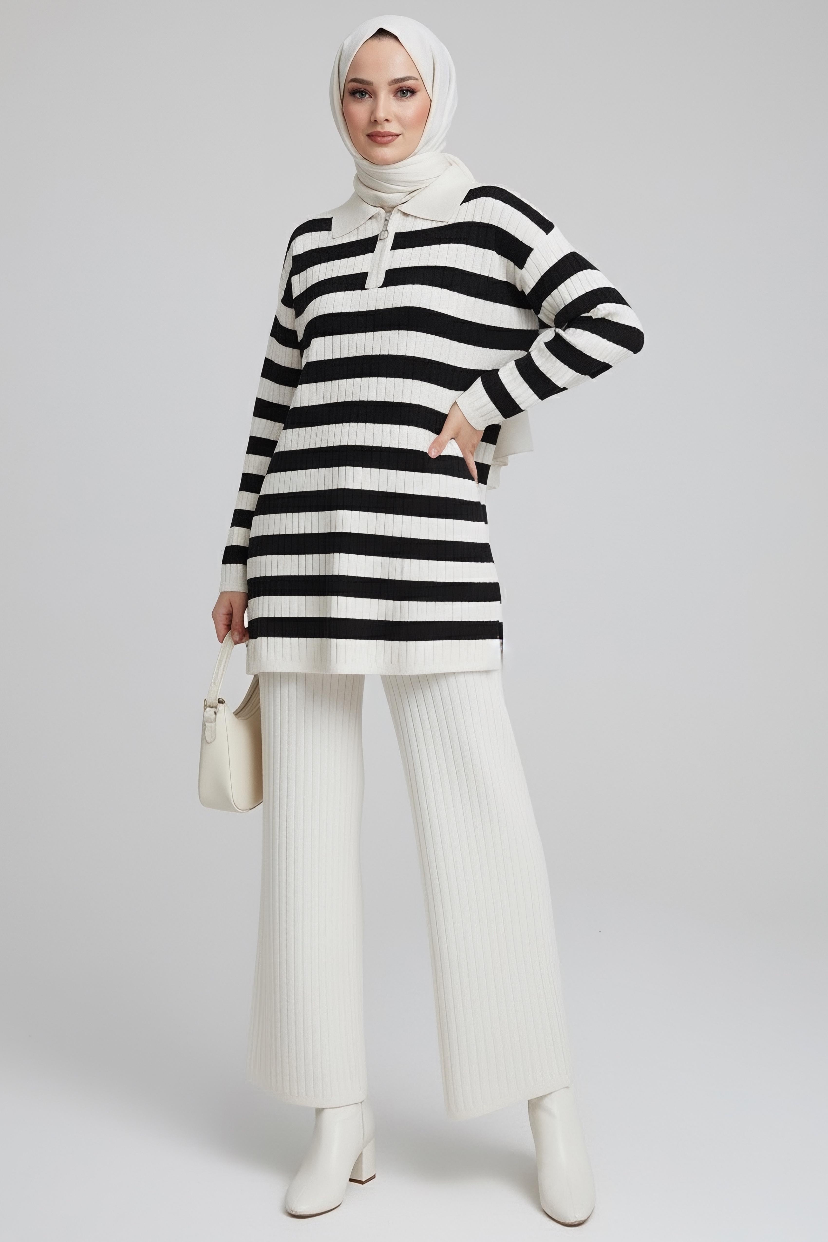 Çizgili Triko İkili Takım - 27999-EKRU - 2