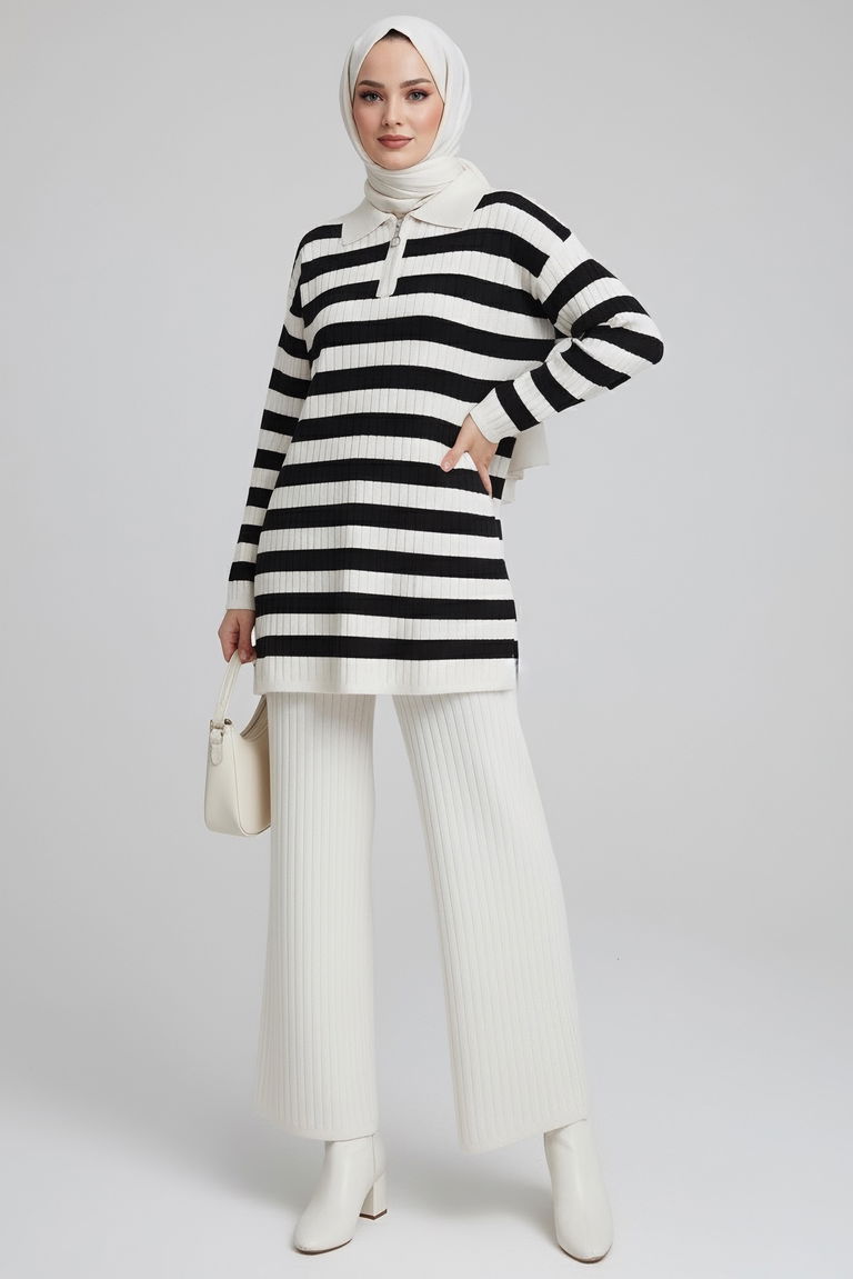 Çizgili Triko İkili Takım - 27999-EKRU - TOFİSA