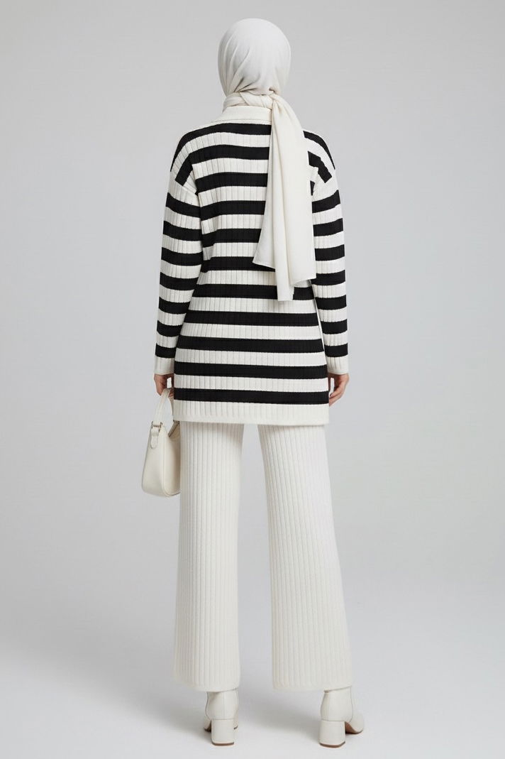 Çizgili Triko İkili Takım - 27999-EKRU - 3