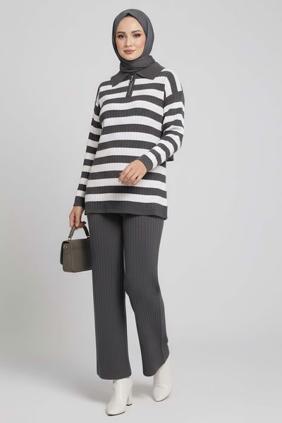 Çizgili Triko İkili Takım - 27999-FUME 