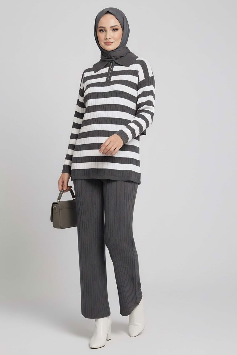 Çizgili Triko İkili Takım - 27999-FUME - TOFİSA