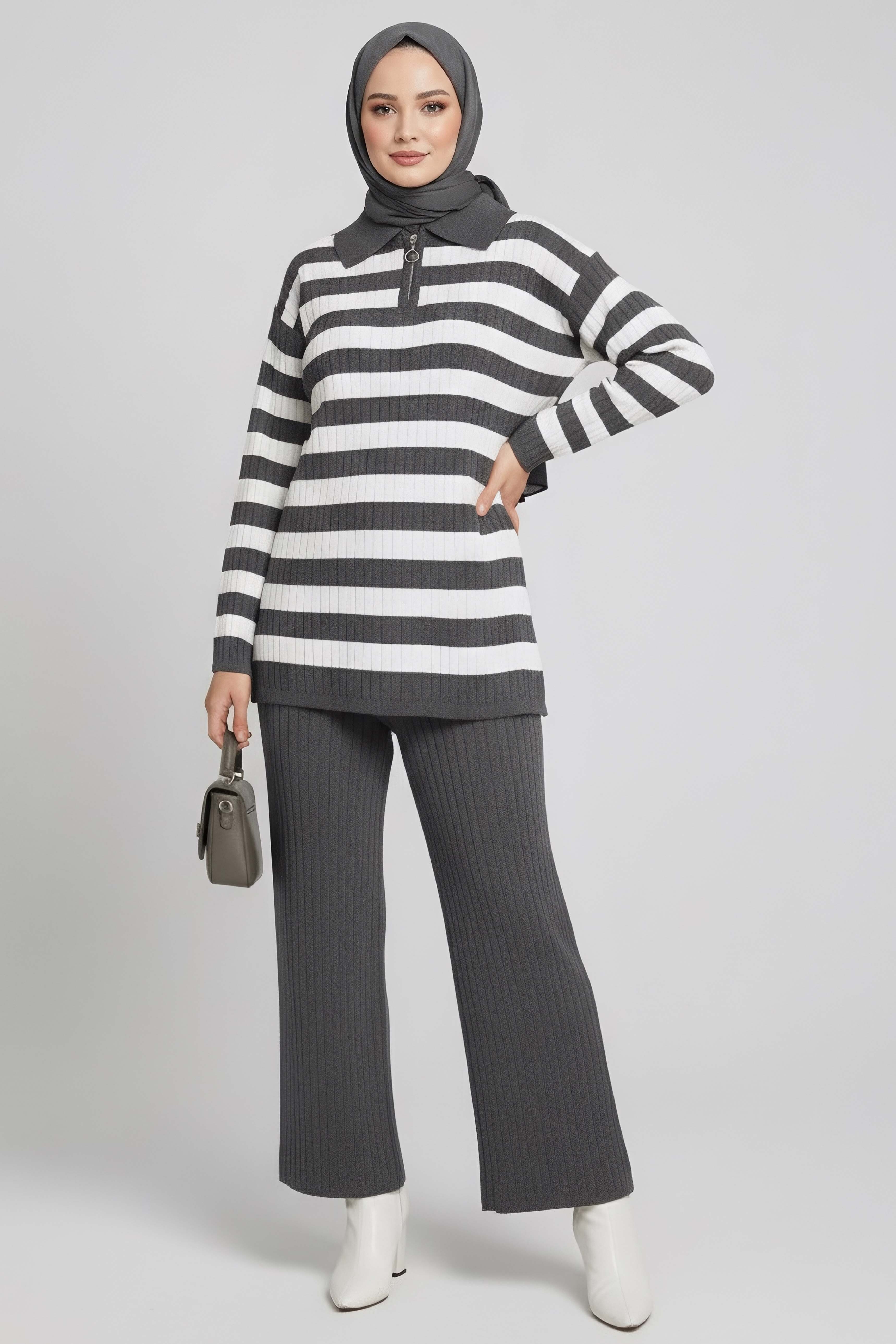 Çizgili Triko İkili Takım - 27999-FUME - 2